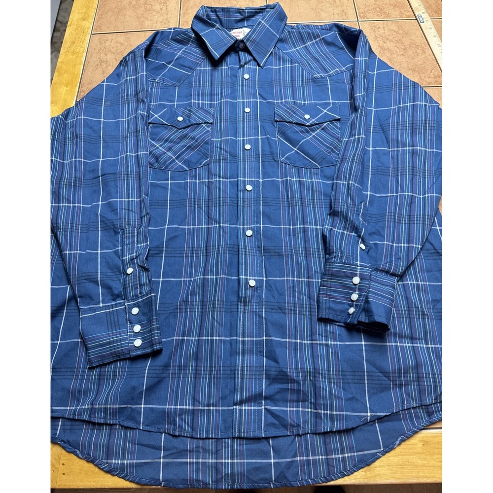 Saddle King Western Shirt Cowboy Pearl Snap Blue‎ Plaid Sz 18.5 Vintage USA Made